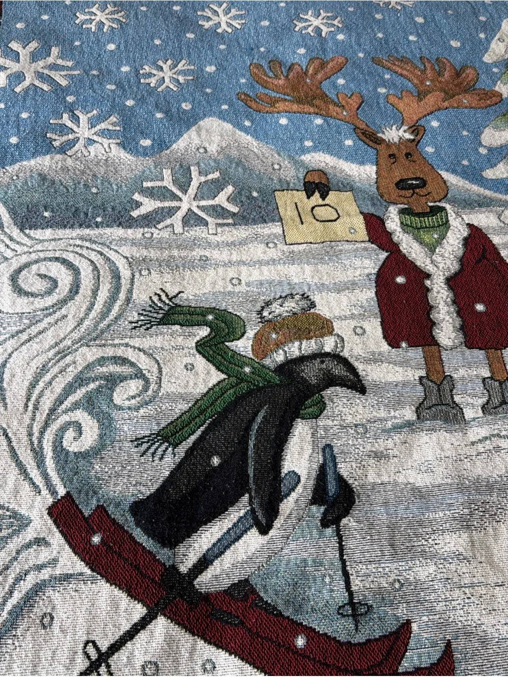 Vintage Winter Christmas Tapestry Blanket Throw Deer Snowman Penguin Skiing Snow